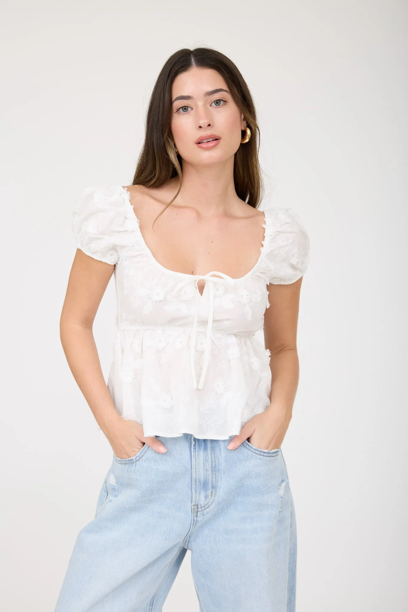 EMBROIDERED 3D FLORAL PATTERN PUFF SLEEVE TOP sold by Blu Pepper product image thumbnail 4