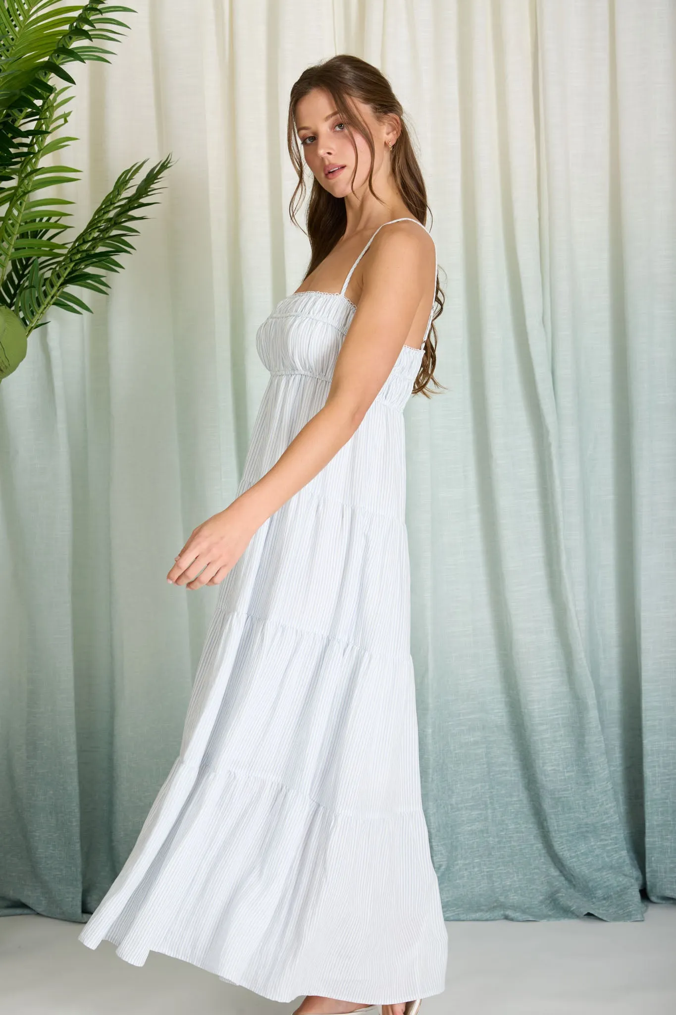 STRIPE SHIRRED EMPIRE WAIST TIERED MIDI DRESS sold by Blu Pepper product image thumbnail 3