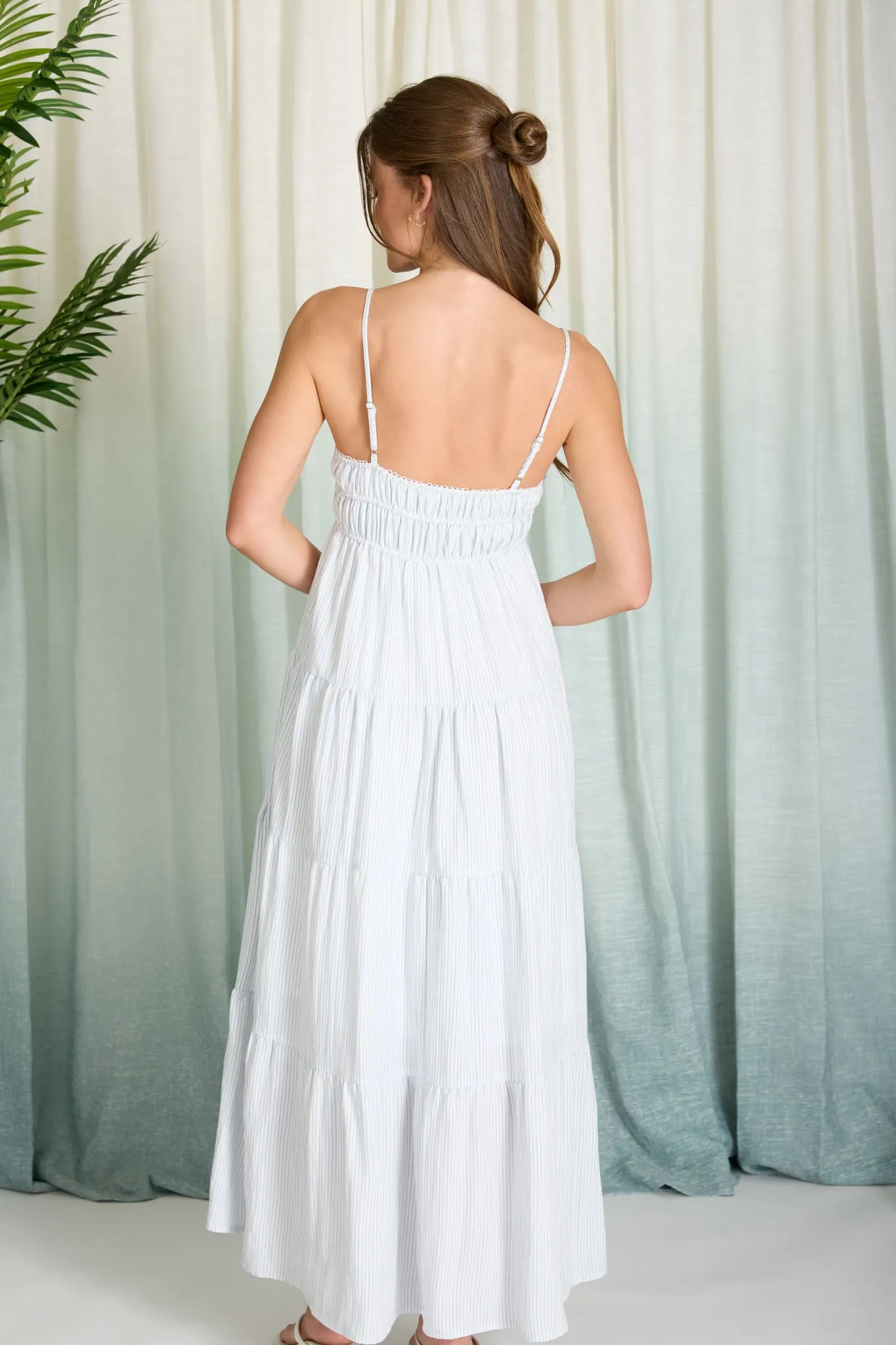 STRIPE SHIRRED EMPIRE WAIST TIERED MIDI DRESS sold by Blu Pepper product image thumbnail 2