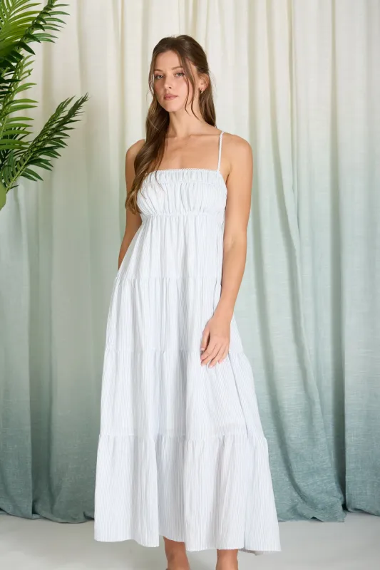 STRIPE SHIRRED EMPIRE WAIST TIERED MIDI DRESS made by mine