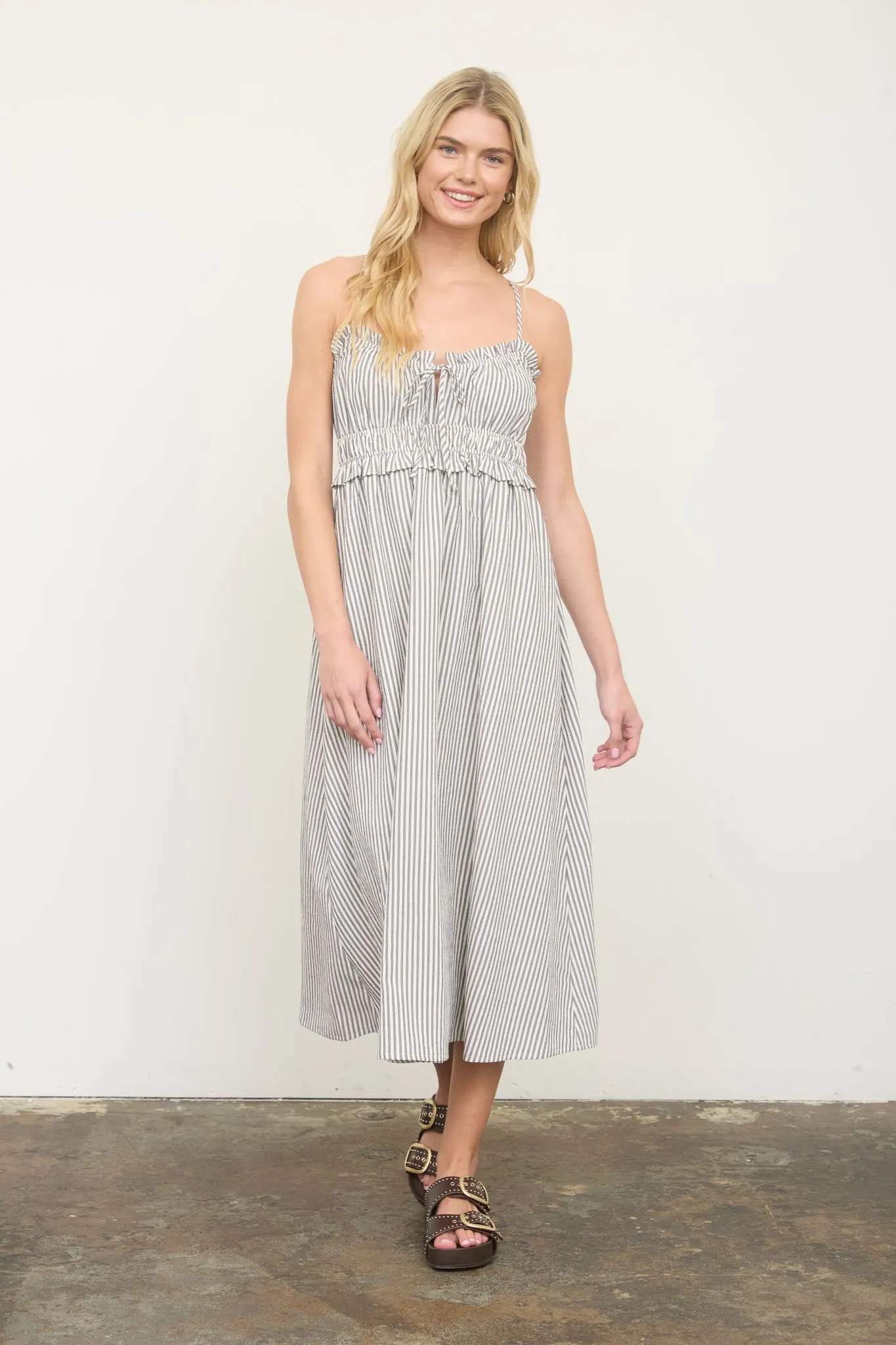 STRIPE SPAGHETTI STRAP KEYHOLE RUFFLED MIDI DRESS sold by Blu Pepper product image thumbnail 5