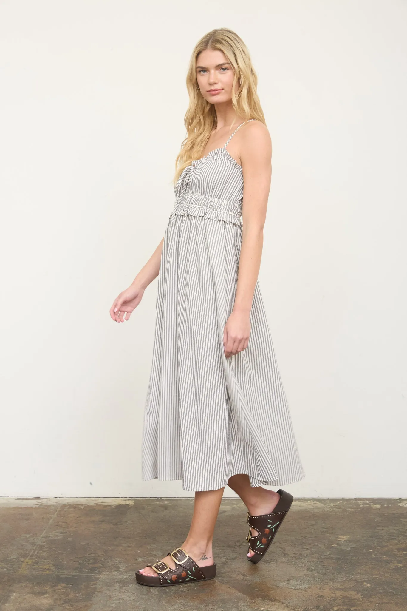 STRIPE SPAGHETTI STRAP KEYHOLE RUFFLED MIDI DRESS sold by Blu Pepper product image thumbnail 3