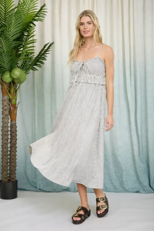 STRIPE SPAGHETTI STRAP KEYHOLE RUFFLED MIDI DRESS made by mine