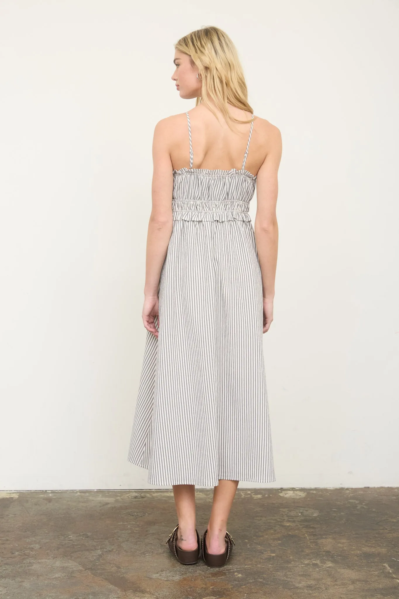 STRIPE SPAGHETTI STRAP KEYHOLE RUFFLED MIDI DRESS sold by Blu Pepper product image thumbnail 2