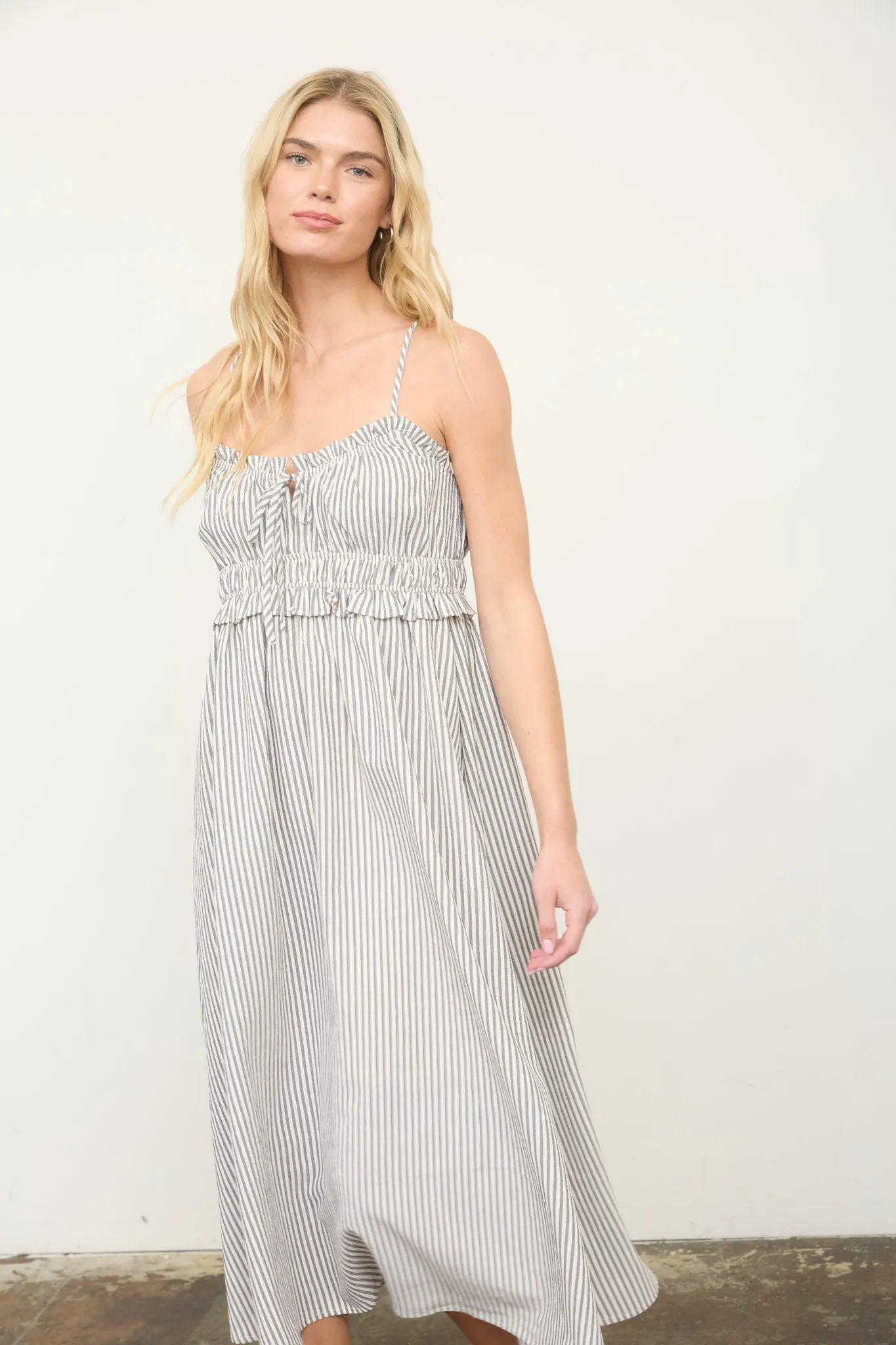 STRIPE SPAGHETTI STRAP KEYHOLE RUFFLED MIDI DRESS sold by Blu Pepper product image thumbnail 4