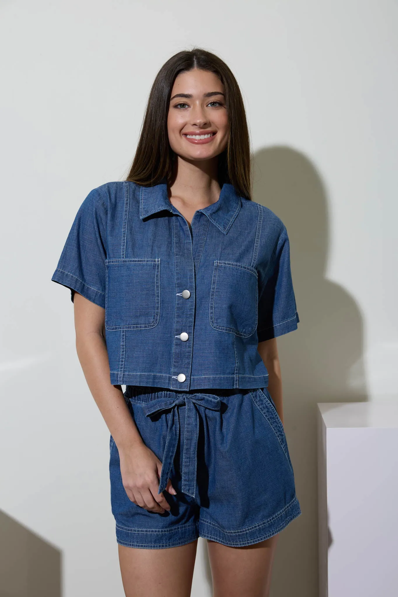 COLLARED BUTTON DOWN SHORT SLEEVE BOXY DENIM TOP sold by Blu Pepper product image thumbnail 4