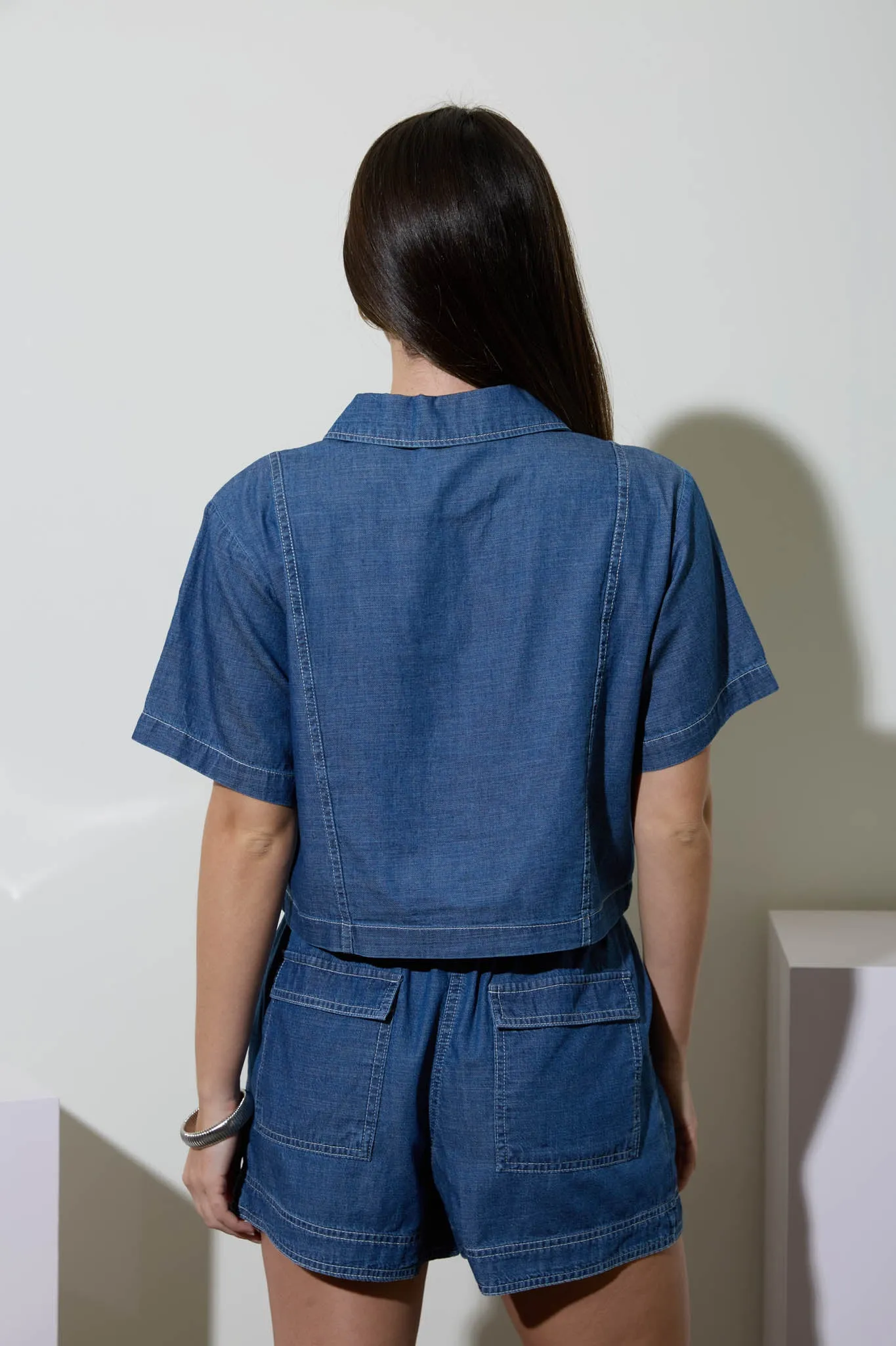 COLLARED BUTTON DOWN SHORT SLEEVE BOXY DENIM TOP sold by Blu Pepper product image thumbnail 2