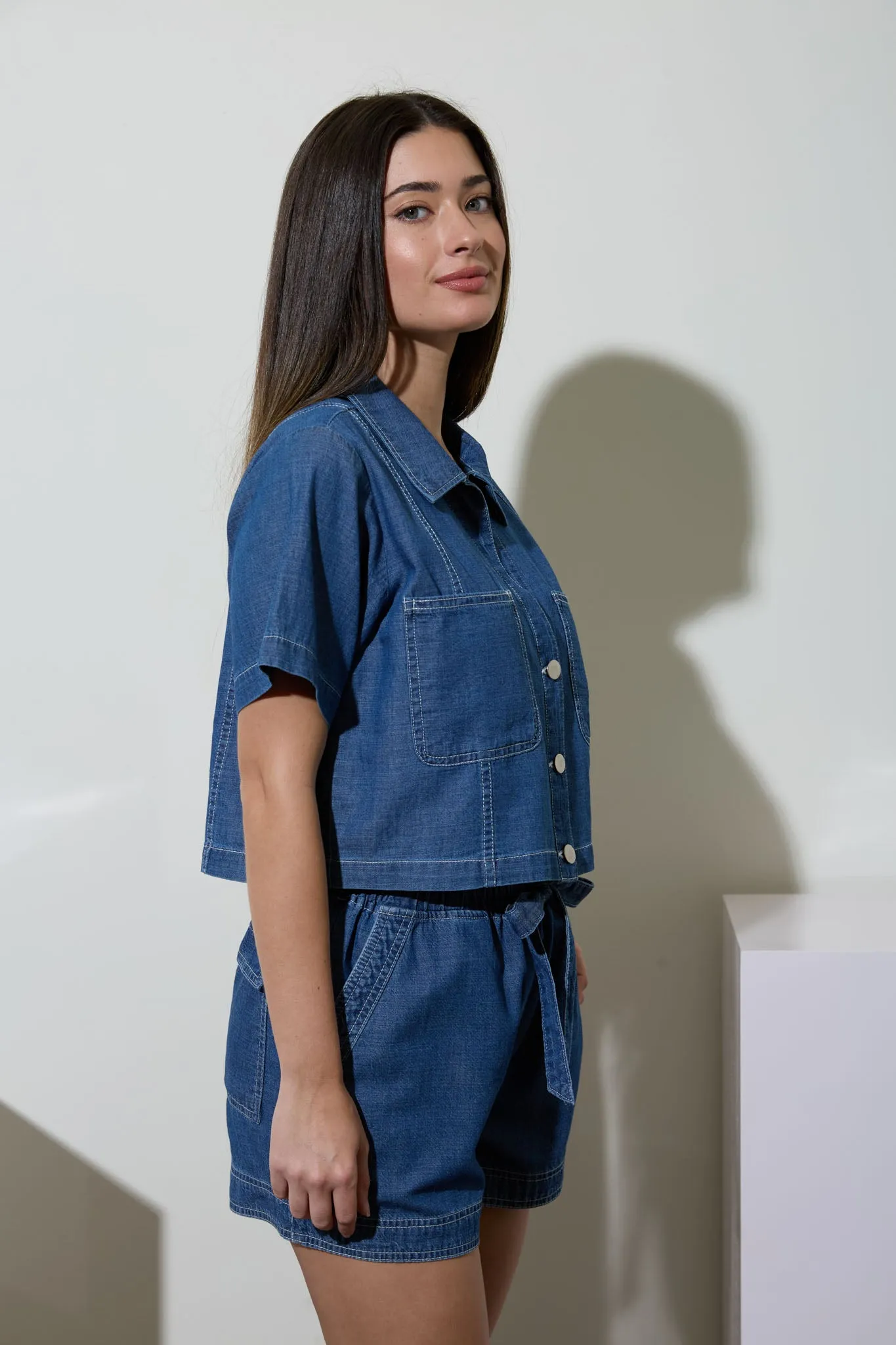 COLLARED BUTTON DOWN SHORT SLEEVE BOXY DENIM TOP sold by Blu Pepper product image thumbnail 3