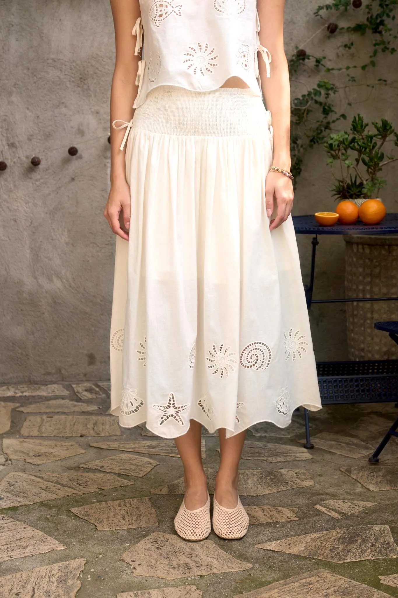 NAUTICAL EYELET SMOCKED WAIST MIDI SKIRT sold by Blu Pepper product image thumbnail 4
