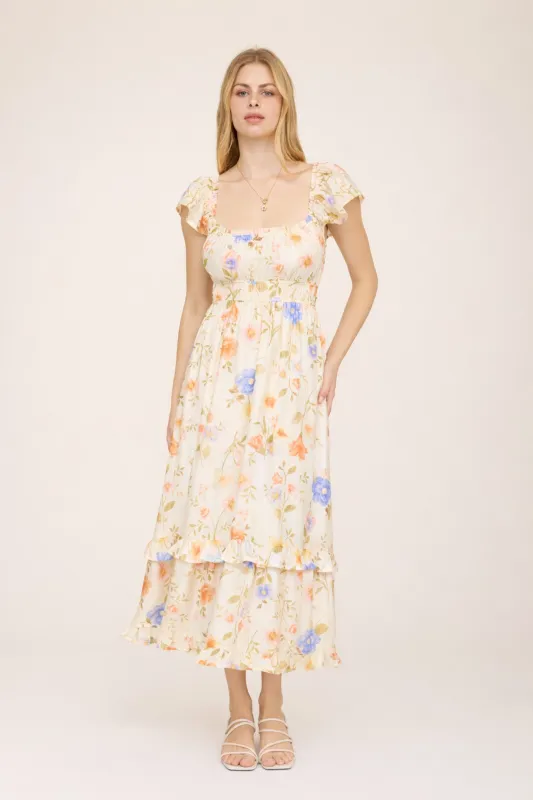 FLORAL SCOOP NECK RUFFLE SHORT SLEEVE MIDI DRESS (PRE-ORDER) made by mine