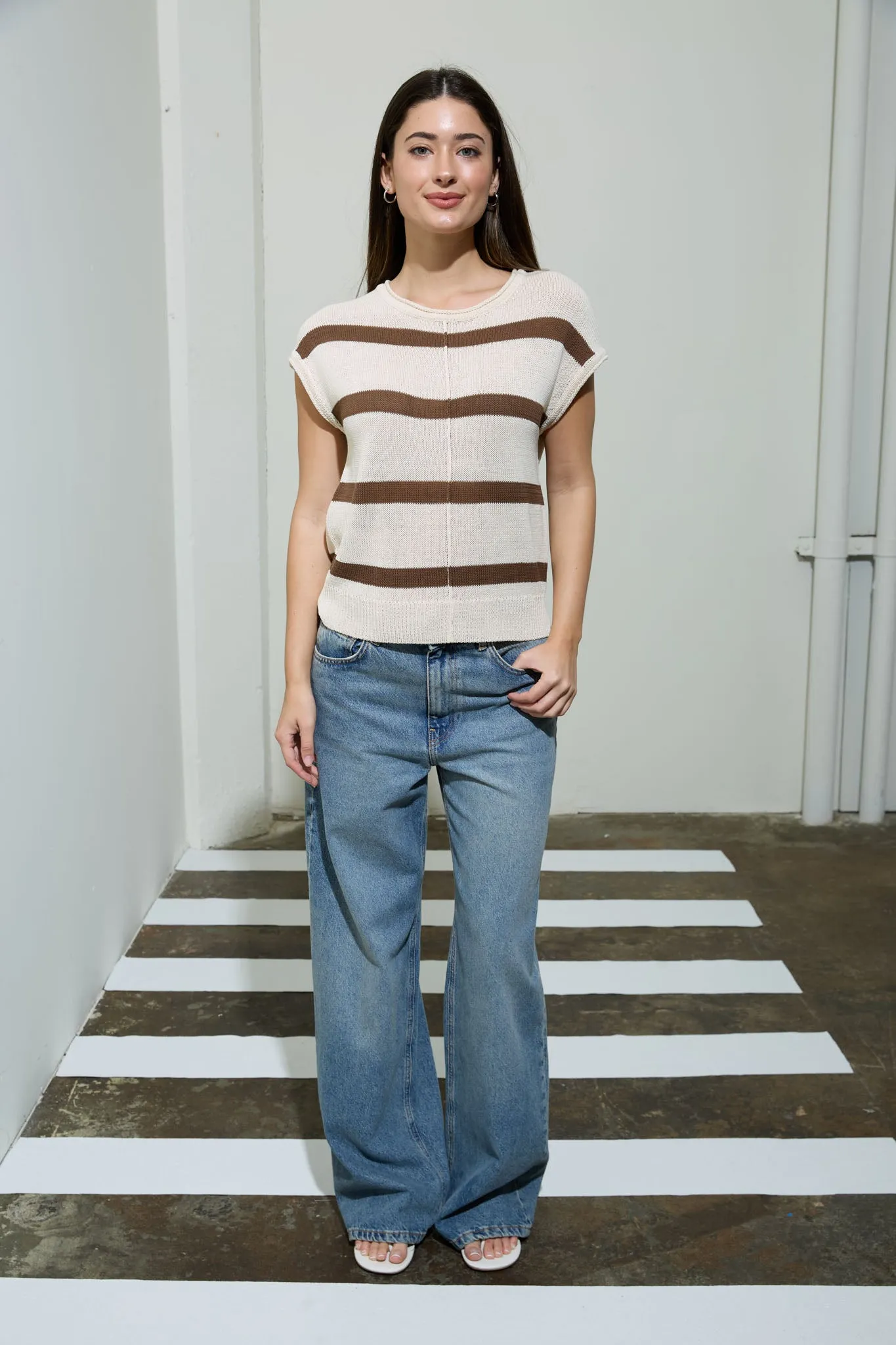STRIPE FRONT SEAM SHORT SLEEVE SWEATER KNIT TOP sold by Blu Pepper product image thumbnail 4