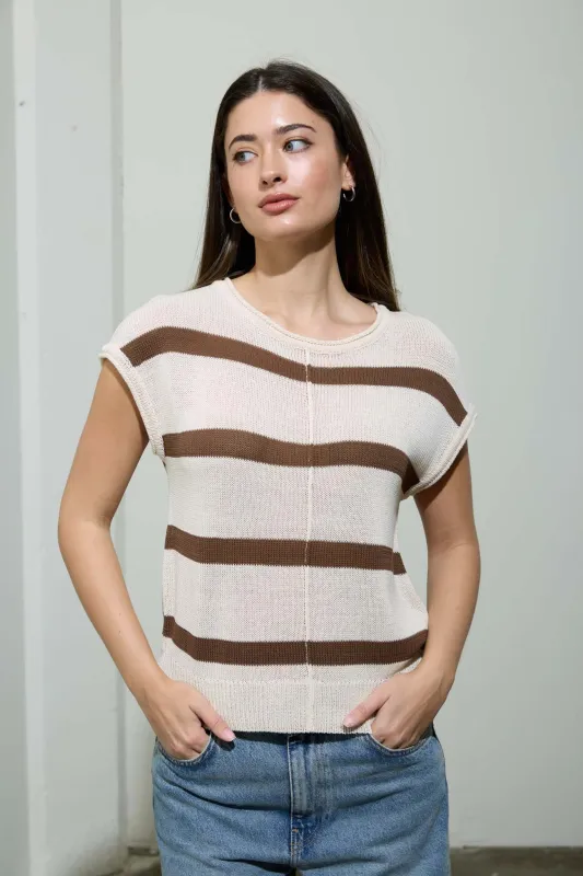 STRIPE FRONT SEAM SHORT SLEEVE SWEATER KNIT TOP made by Blu Pepper