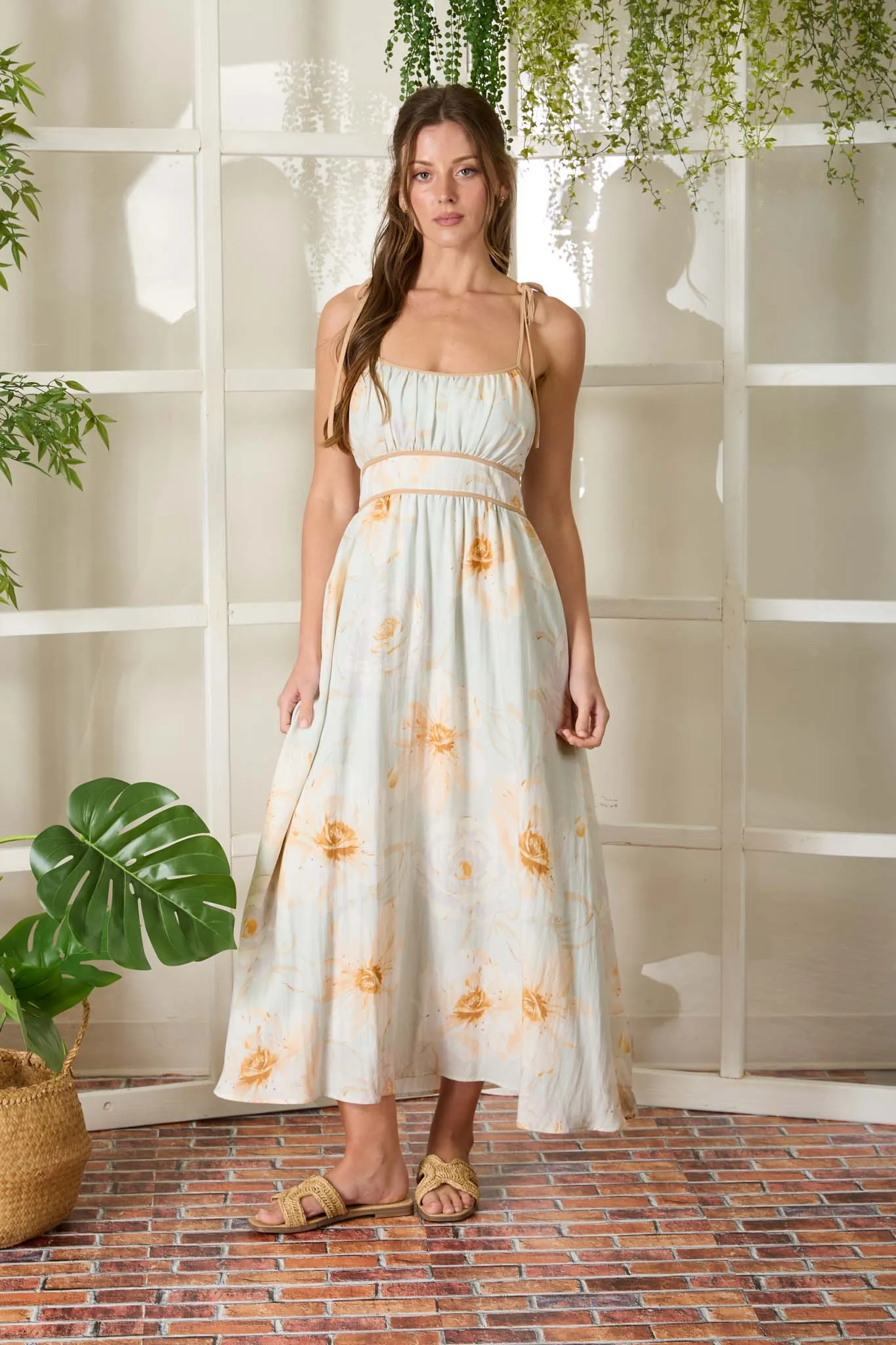 WATERCOLOR FLORAL SPAGHETTI TIE STRAP MIDI DRESS sold by Blu Pepper product image thumbnail 4