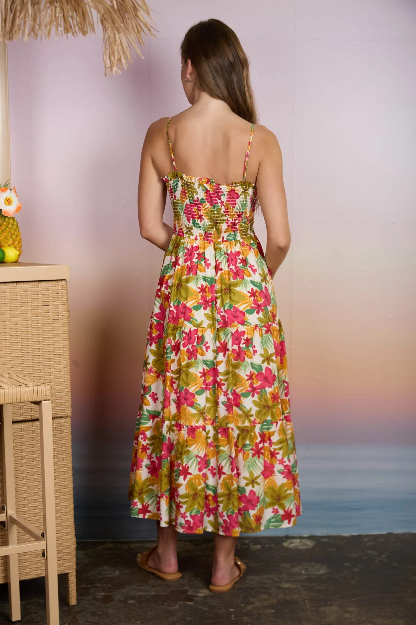 TROPICAL FLORAL SMOCKED SPAGHETTI STRAP MIDI DRESS sold by Blu Pepper product image thumbnail 2