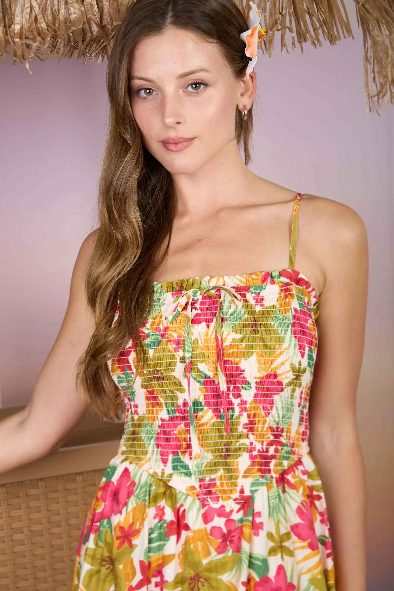 TROPICAL FLORAL SMOCKED SPAGHETTI STRAP MIDI DRESS sold by Blu Pepper product image thumbnail 5