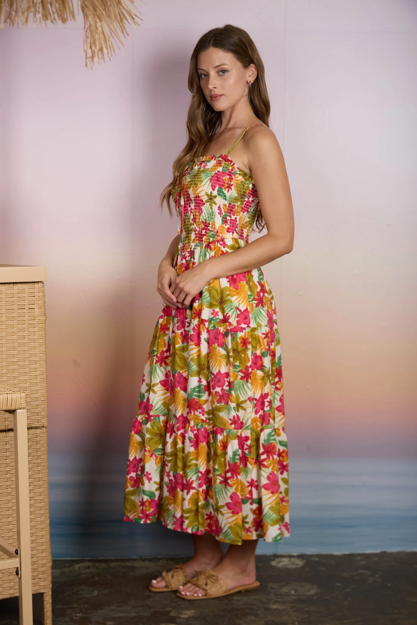 TROPICAL FLORAL SMOCKED SPAGHETTI STRAP MIDI DRESS sold by Blu Pepper product image thumbnail 3