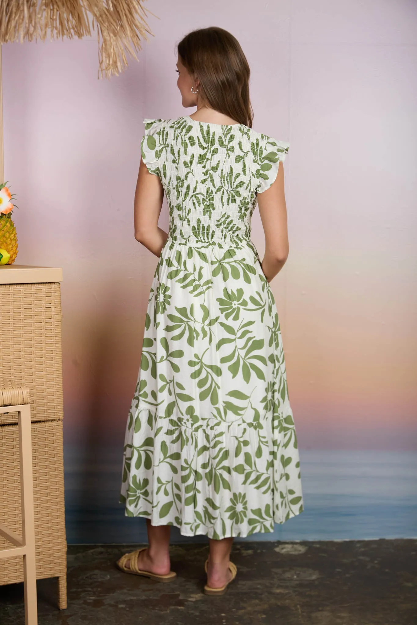 FLORAL LEAF PRINT SMOCKED MOCK BUTTON MIDI DRESS sold by Blu Pepper product image thumbnail 2