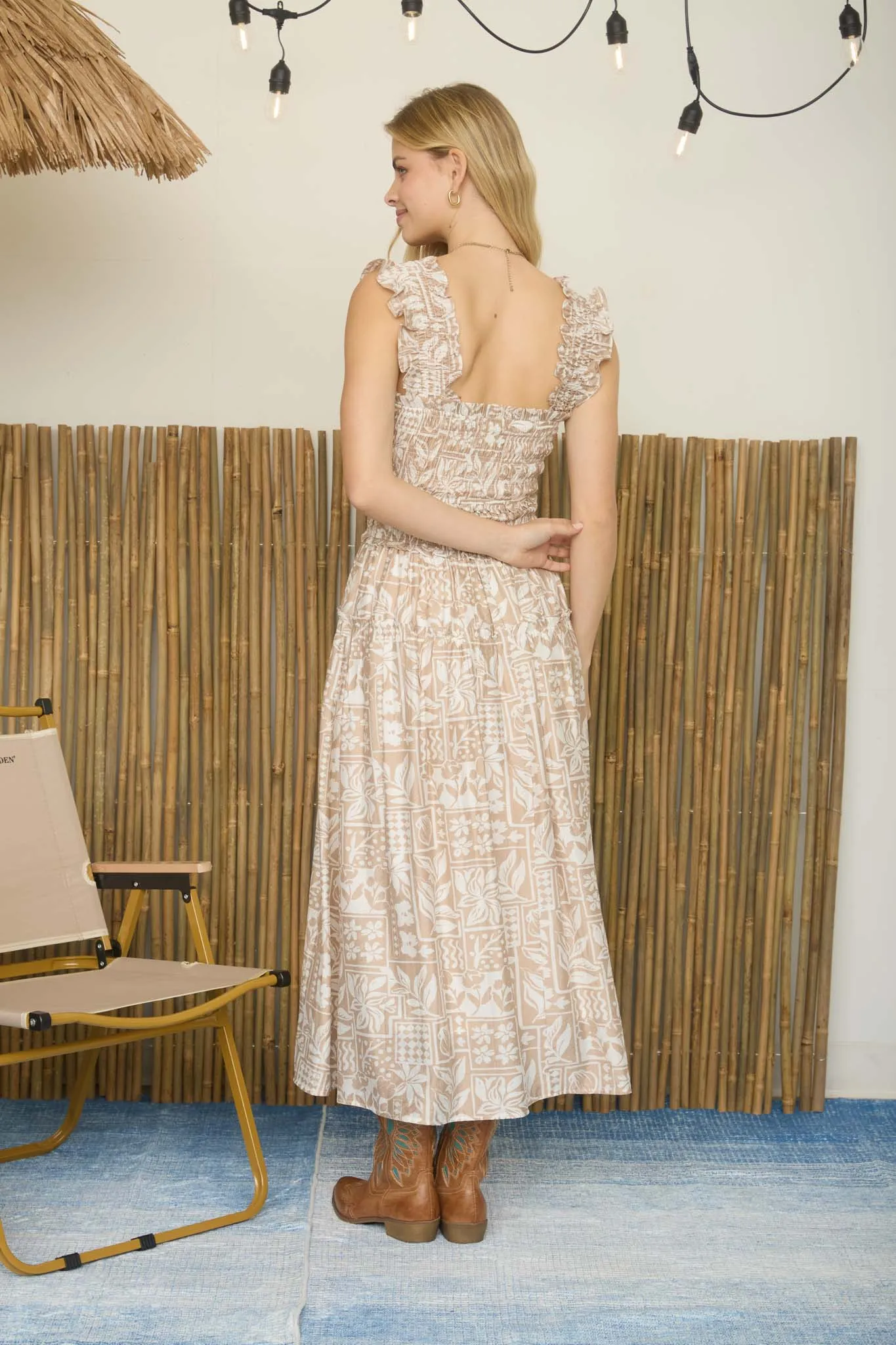 TILE PATTERN SMOCKED RUFFLE STRAP MIDI DRESS sold by Blu Pepper product image thumbnail 2