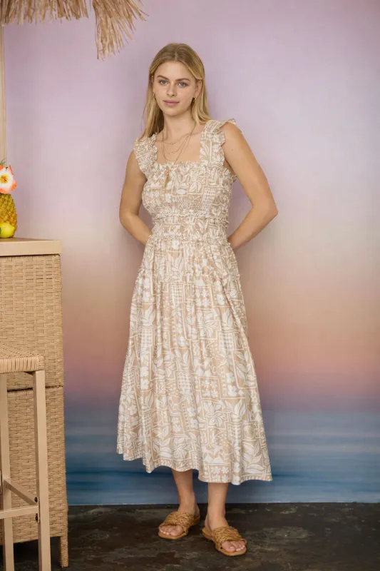 TILE PATTERN SMOCKED RUFFLE STRAP MIDI DRESS made by mine