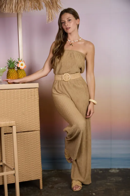 TEXTURED STRAPLESS BELTED WIDE LEG JUMPSUIT (PRE-ORDER) made by mine