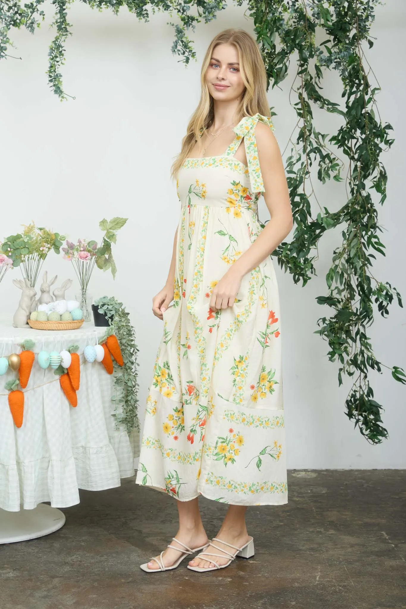 FLORAL STRIPE EMPIRE WAIST TIE STRAP MIDI DRESS sold by Blu Pepper product image thumbnail 3