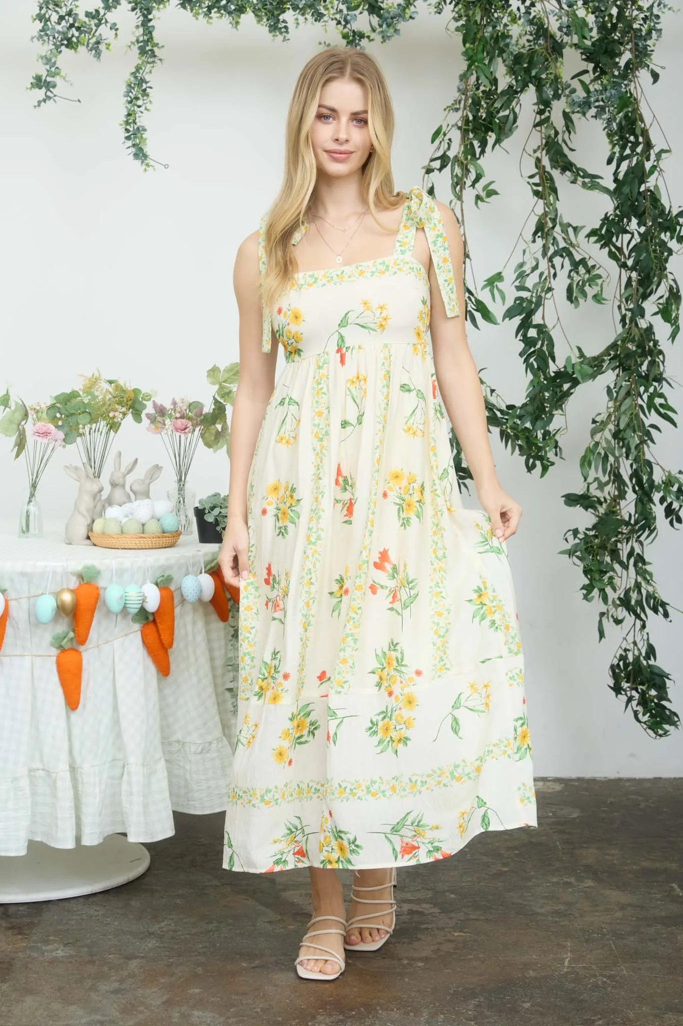 FLORAL STRIPE EMPIRE WAIST TIE STRAP MIDI DRESS sold by Blu Pepper product image thumbnail 4