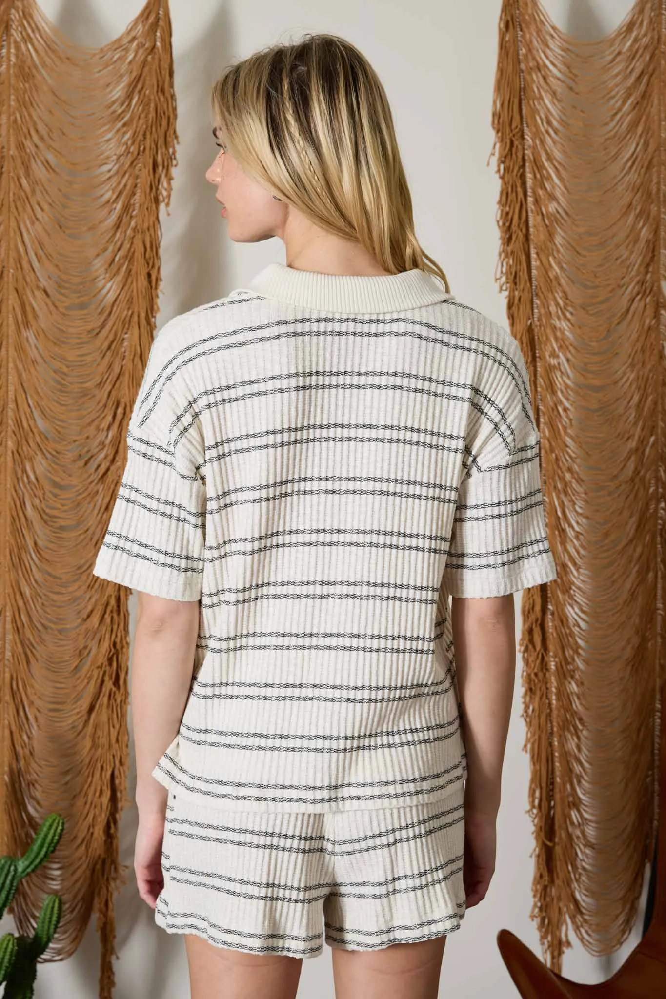 MARLED STRIPE COLLARED SHORT SLEEVE KNIT TOP (PRE-ORDER) sold by Blu Pepper product image thumbnail 2