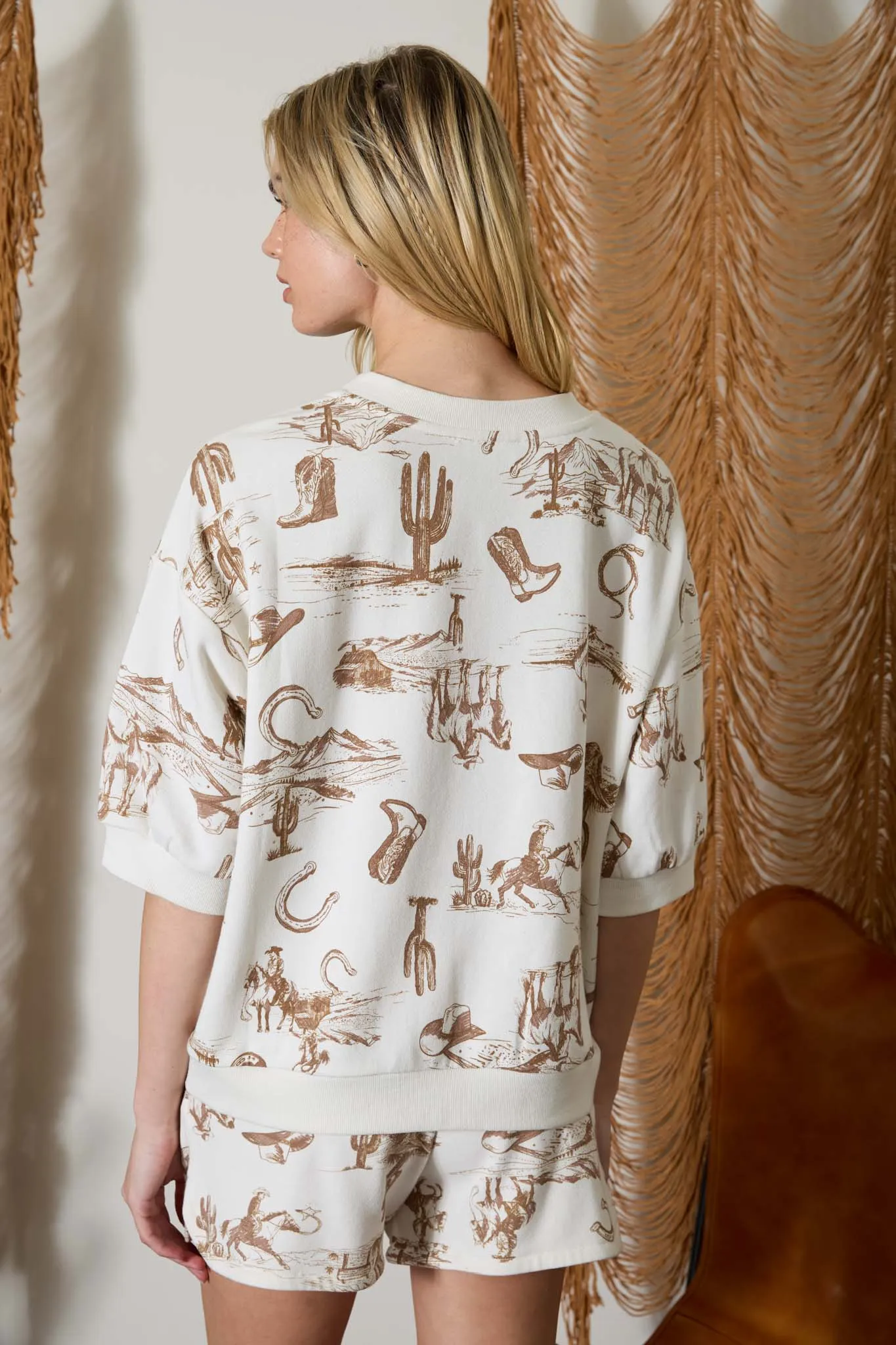 WESTERN PRINT SHORT SLEEVE DROP SHOULDER KNIT TOP sold by Blu Pepper product image thumbnail 2