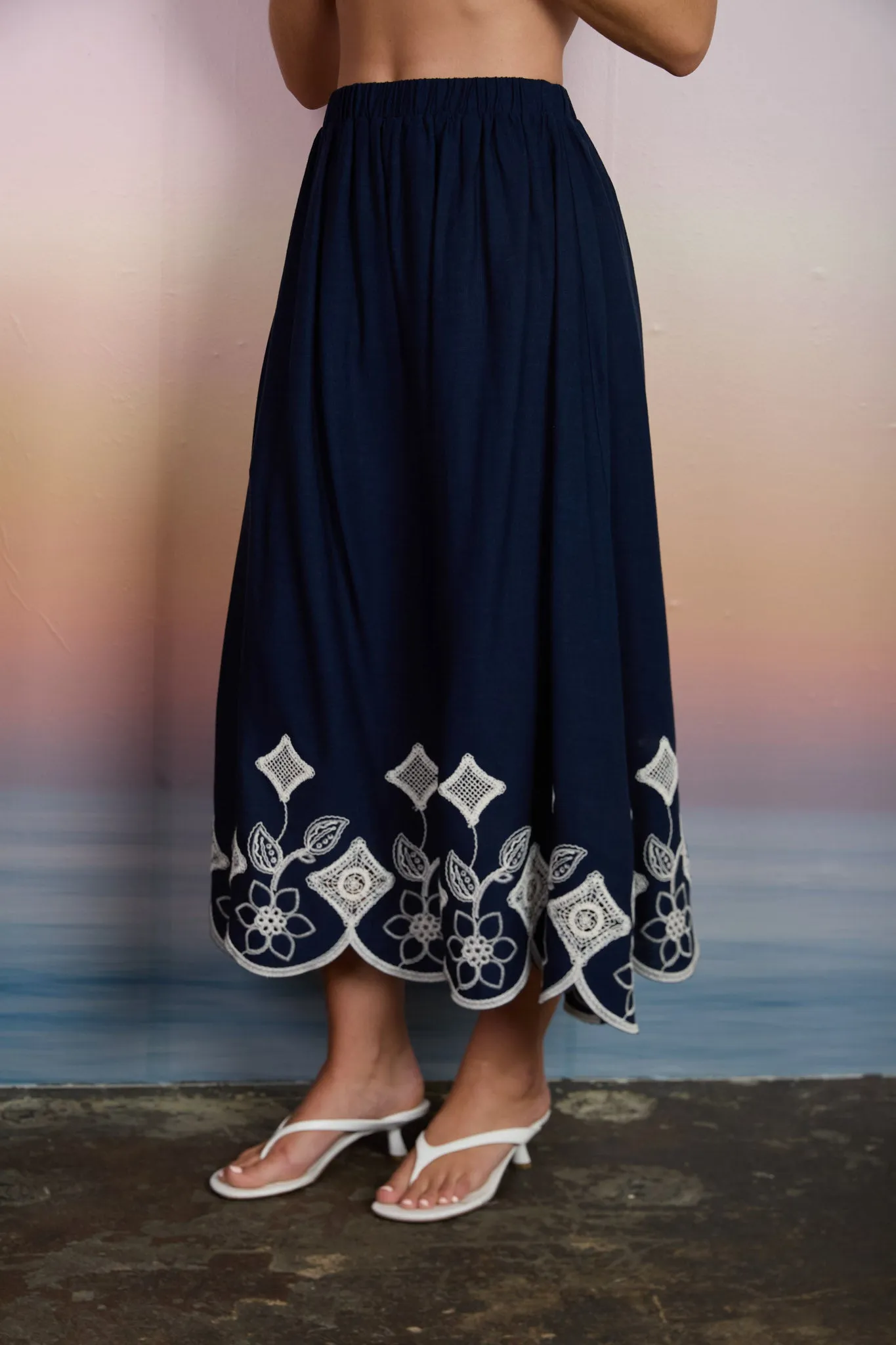 FLORAL EYELET EMBROIDERY SCALLOPED MIDI SKIRT (PRE-ORDER) sold by Blu Pepper product image thumbnail 3