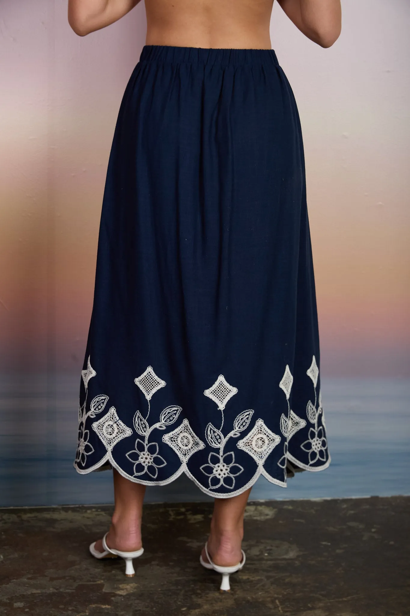 FLORAL EYELET EMBROIDERY SCALLOPED MIDI SKIRT (PRE-ORDER) sold by Blu Pepper product image thumbnail 2