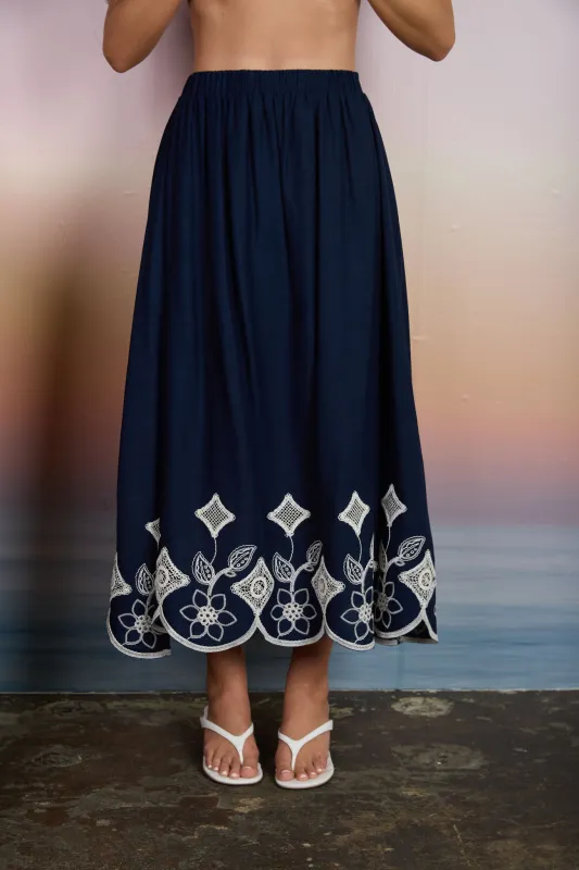 FLORAL EYELET EMBROIDERY SCALLOPED MIDI SKIRT (PRE-ORDER) made by Blu Pepper