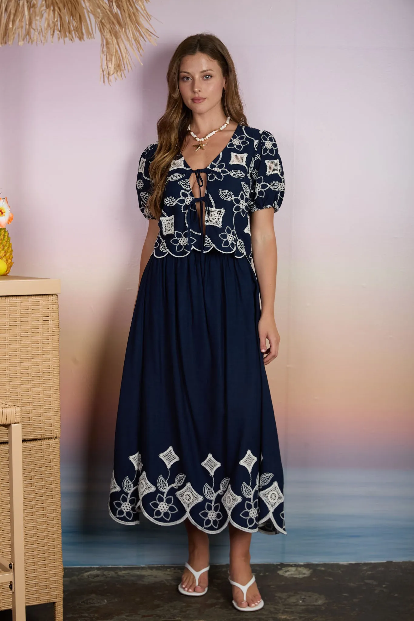 FLORAL EYELET EMBROIDERY SCALLOPED MIDI SKIRT (PRE-ORDER) sold by Blu Pepper product image thumbnail 5