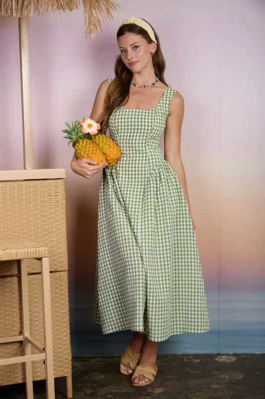 PLAID BASQUE WAIST SLEEVELESS MIDI DRESS made by Blu Pepper