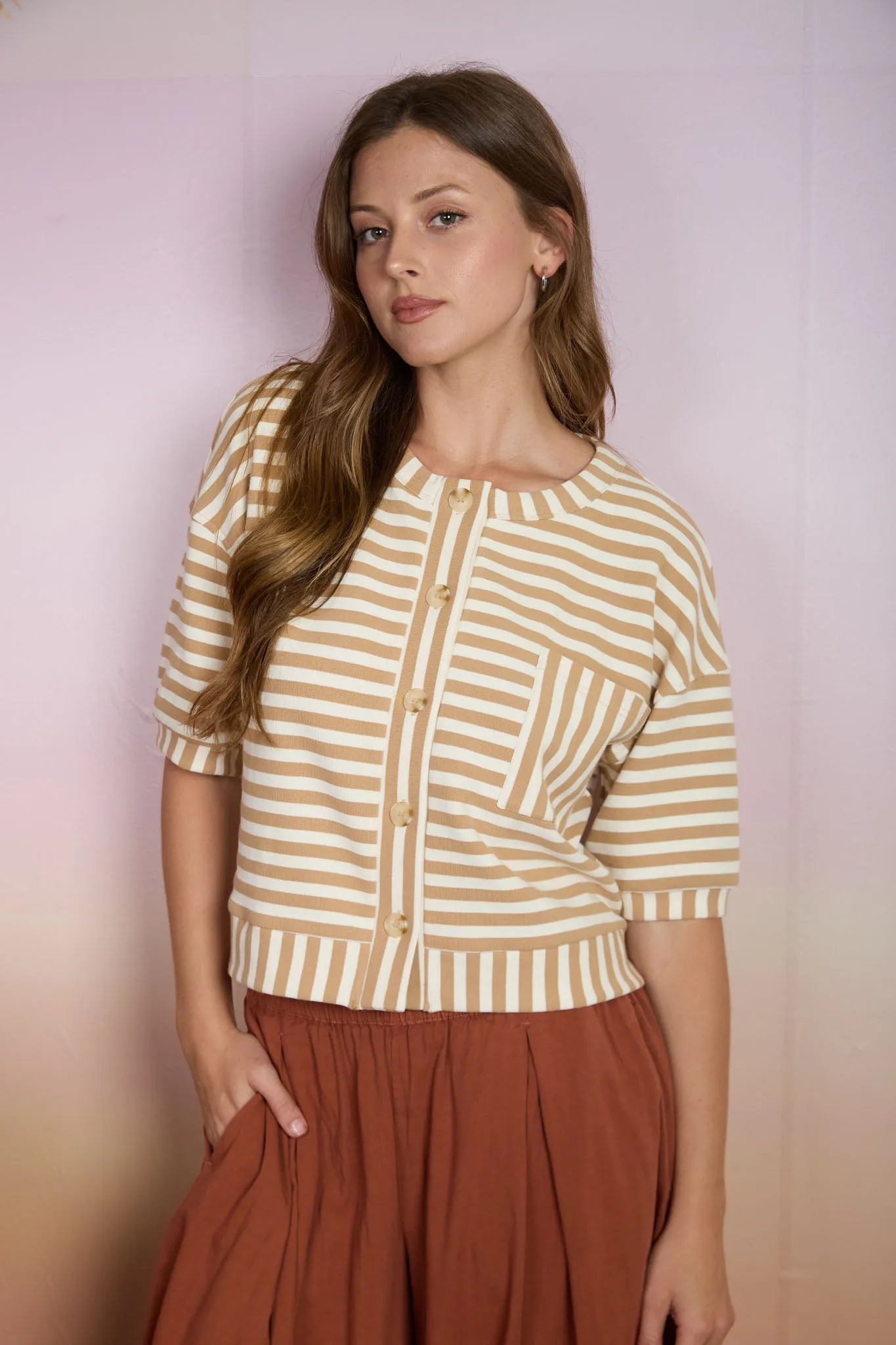 STRIPE PATTERN SHORT SLEEVE BUTTON DOWN KNIT TOP (PRE-ORDER) sold by Blu Pepper product image thumbnail 5