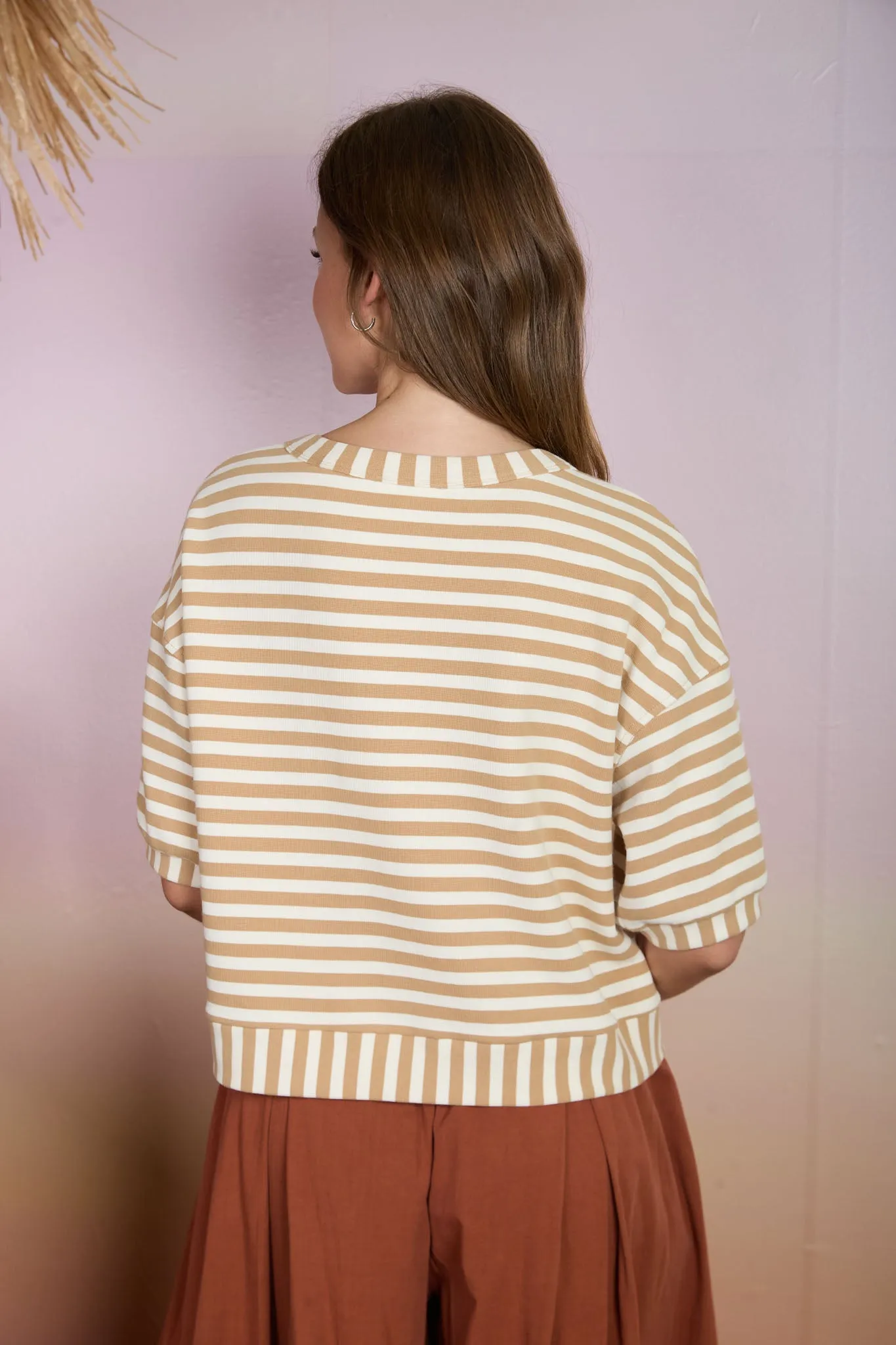 STRIPE PATTERN SHORT SLEEVE BUTTON DOWN KNIT TOP (PRE-ORDER) sold by Blu Pepper product image thumbnail 2