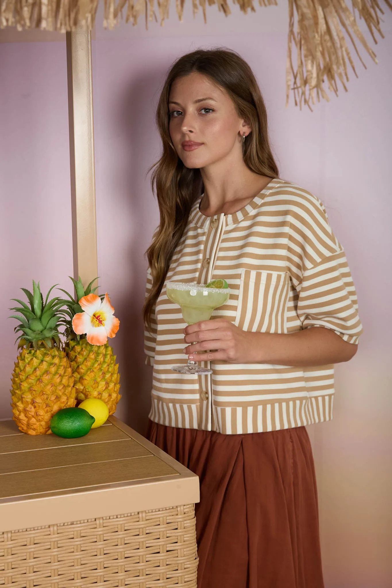 STRIPE PATTERN SHORT SLEEVE BUTTON DOWN KNIT TOP (PRE-ORDER) sold by Blu Pepper