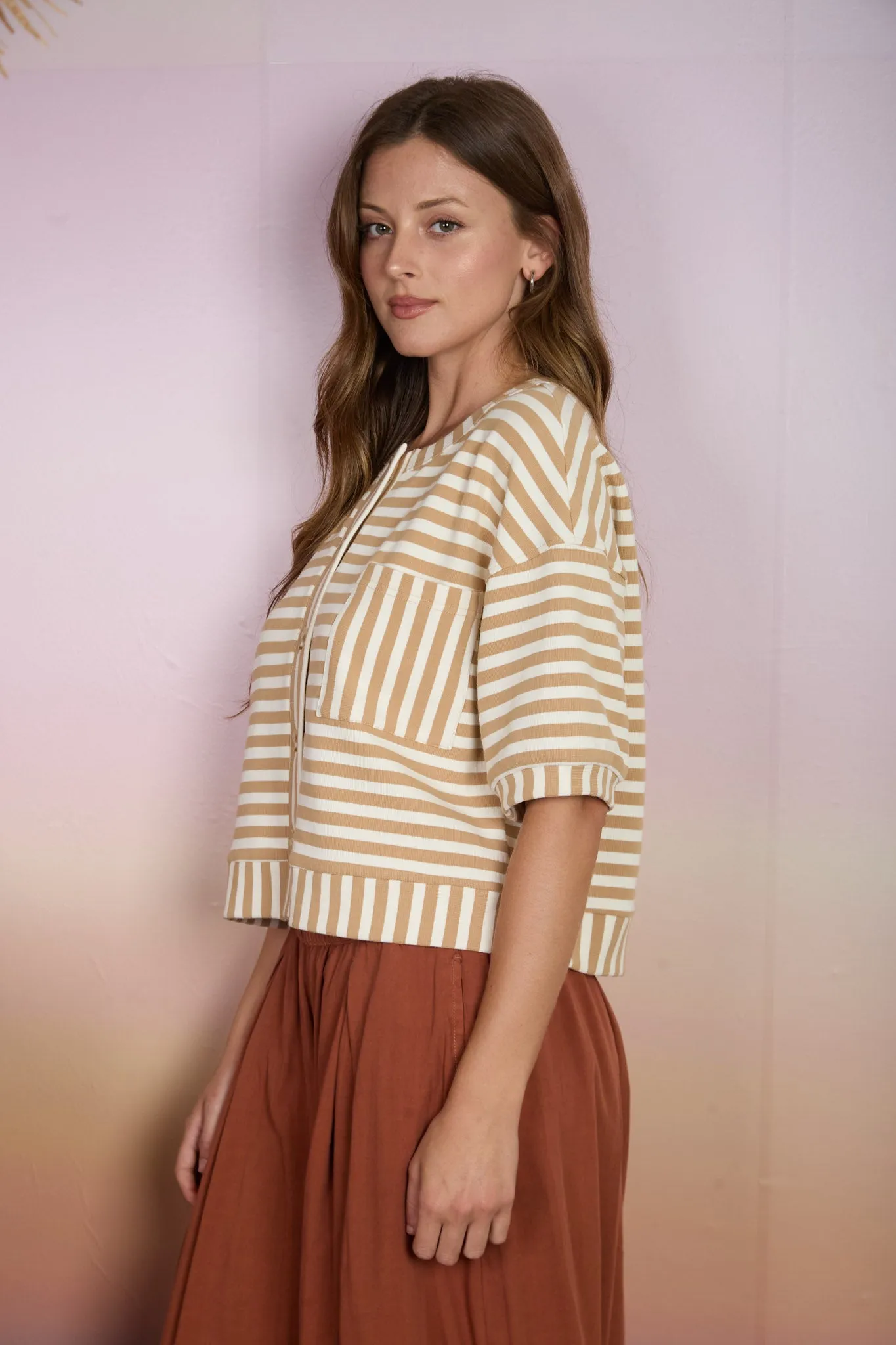 STRIPE PATTERN SHORT SLEEVE BUTTON DOWN KNIT TOP (PRE-ORDER) sold by Blu Pepper product image thumbnail 3