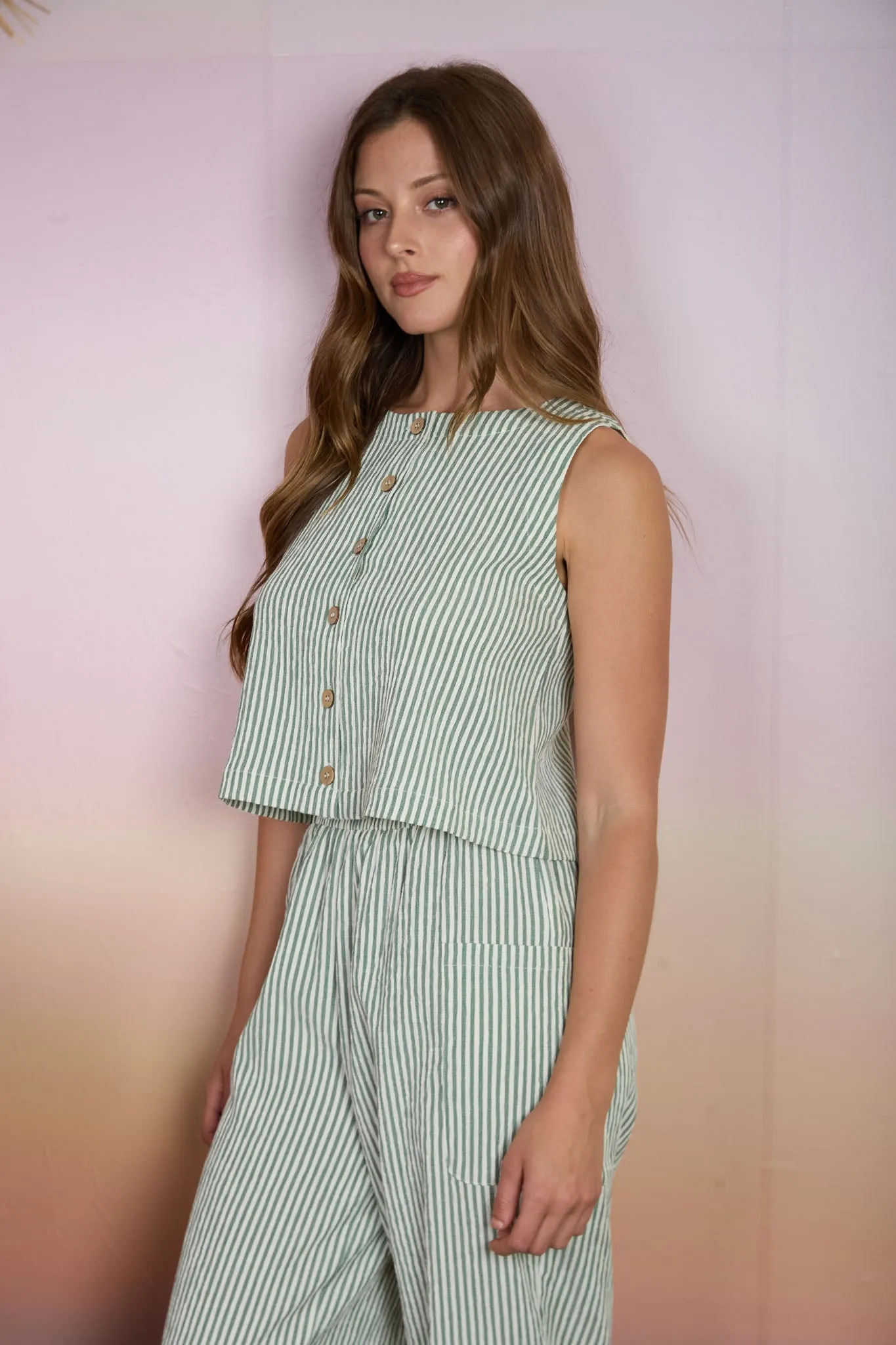 STRIPE SLEEVELESS ROUND NECK BUTTON DOWN TOP sold by Blu Pepper product image thumbnail 3