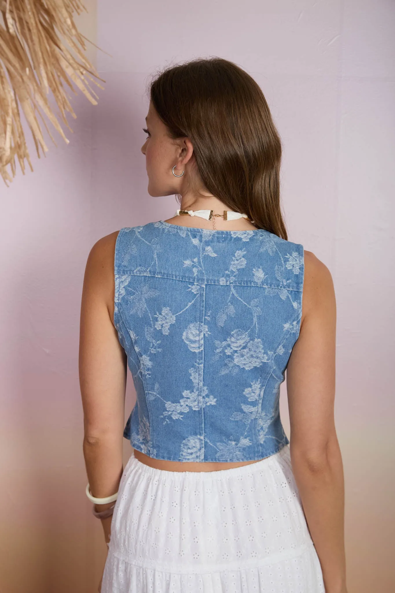 FLORAL JACQUARD BUTTON DOWN DENIM VEST sold by Blu Pepper product image thumbnail 2