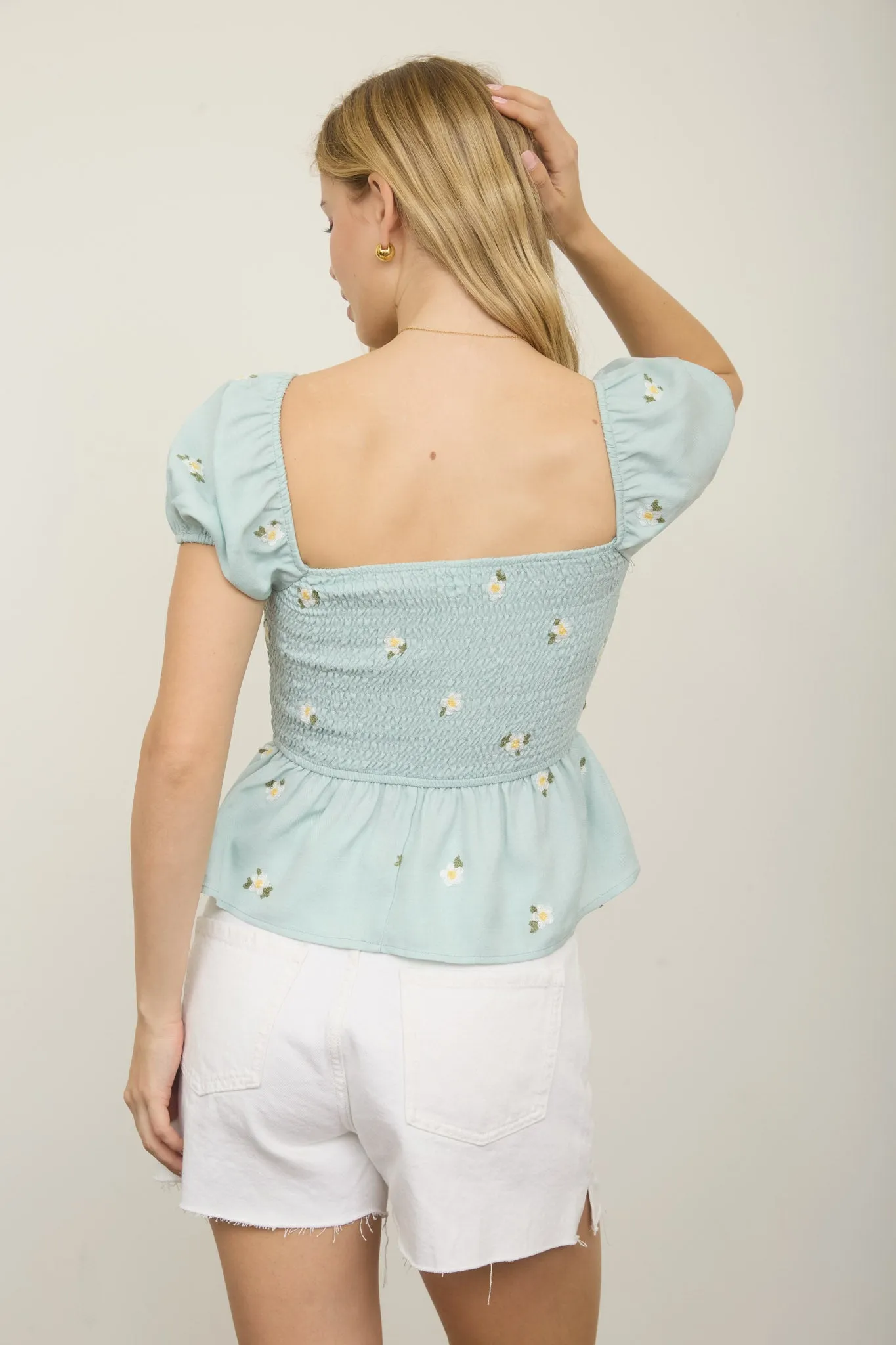 FLORAL EMBROIDERY PUFF SLEEVE SMOCKED TOP sold by Blu Pepper product image thumbnail 5