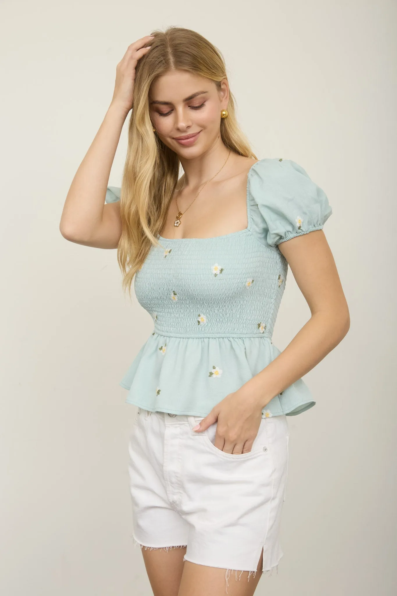 FLORAL EMBROIDERY PUFF SLEEVE SMOCKED TOP sold by Blu Pepper product image thumbnail 3