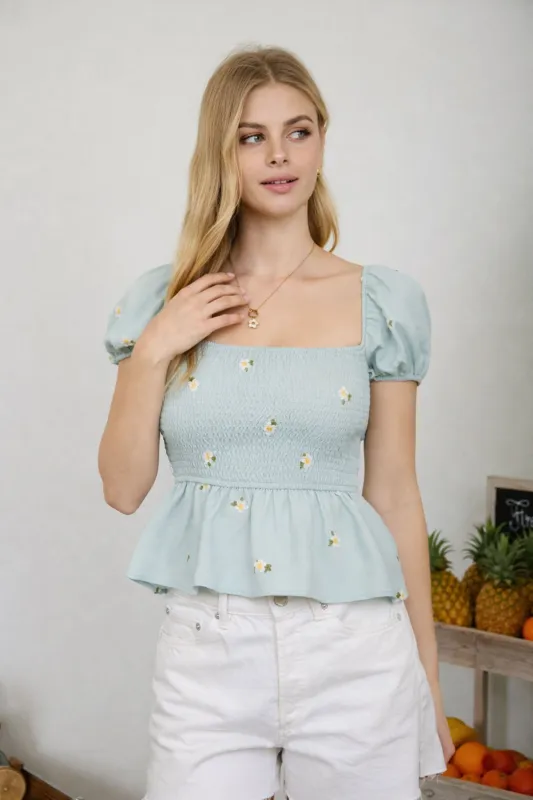 FLORAL EMBROIDERY PUFF SLEEVE SMOCKED TOP made by mine