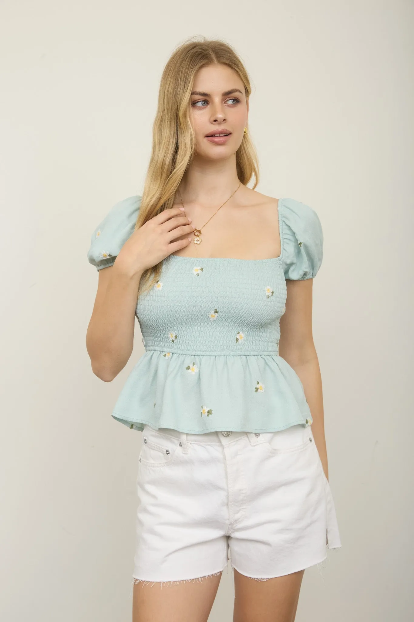 FLORAL EMBROIDERY PUFF SLEEVE SMOCKED TOP sold by Blu Pepper product image thumbnail 4