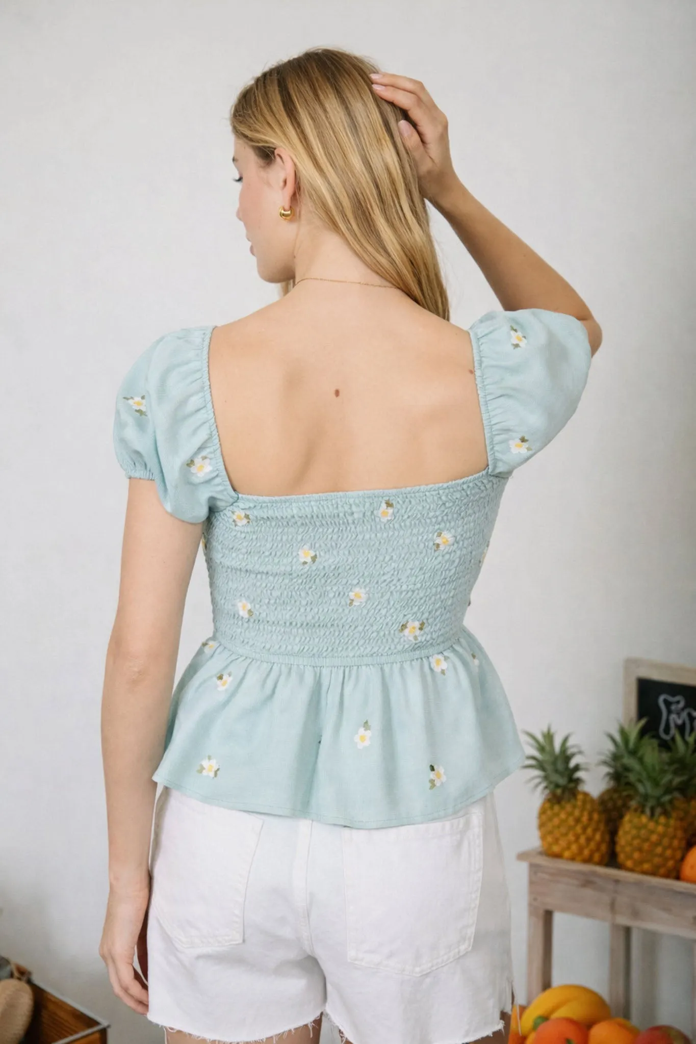 FLORAL EMBROIDERY PUFF SLEEVE SMOCKED TOP sold by Blu Pepper product image thumbnail 2
