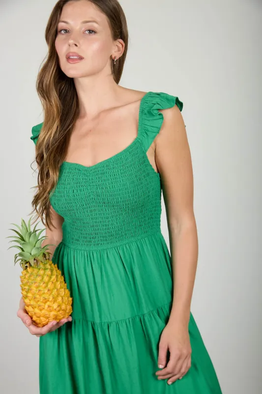 SMOCKED RUFFLE SLEEVE MIDI DRESS made by mine