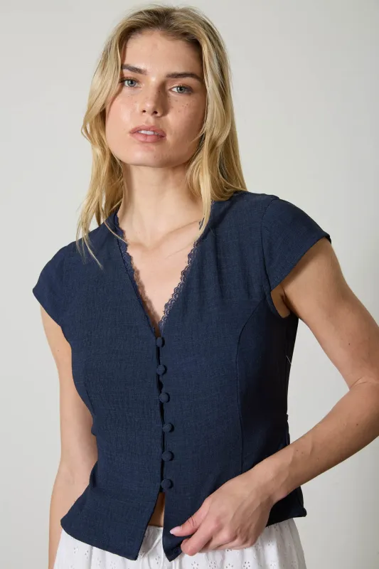 V NECK LACE TRIM BUTTON DOWN BACK TIE BLOUSE made by mine