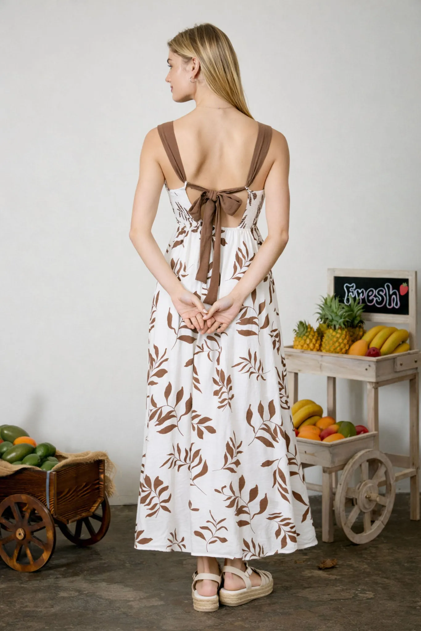LEAF PRINT BACK TIE STRAP DETAIL MIDI DRESS sold by Blu Pepper product image thumbnail 2