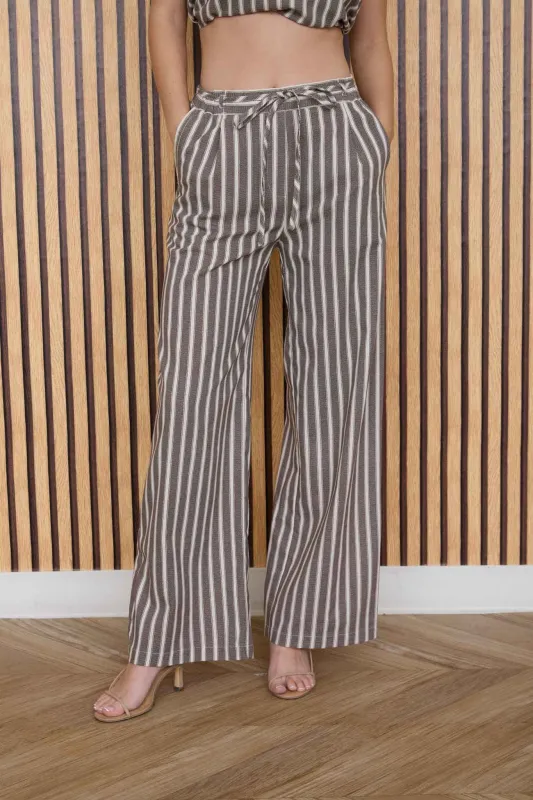 STRIPE WAIST TIE STRAP DETAIL LINEN PANTS made by Blu Pepper