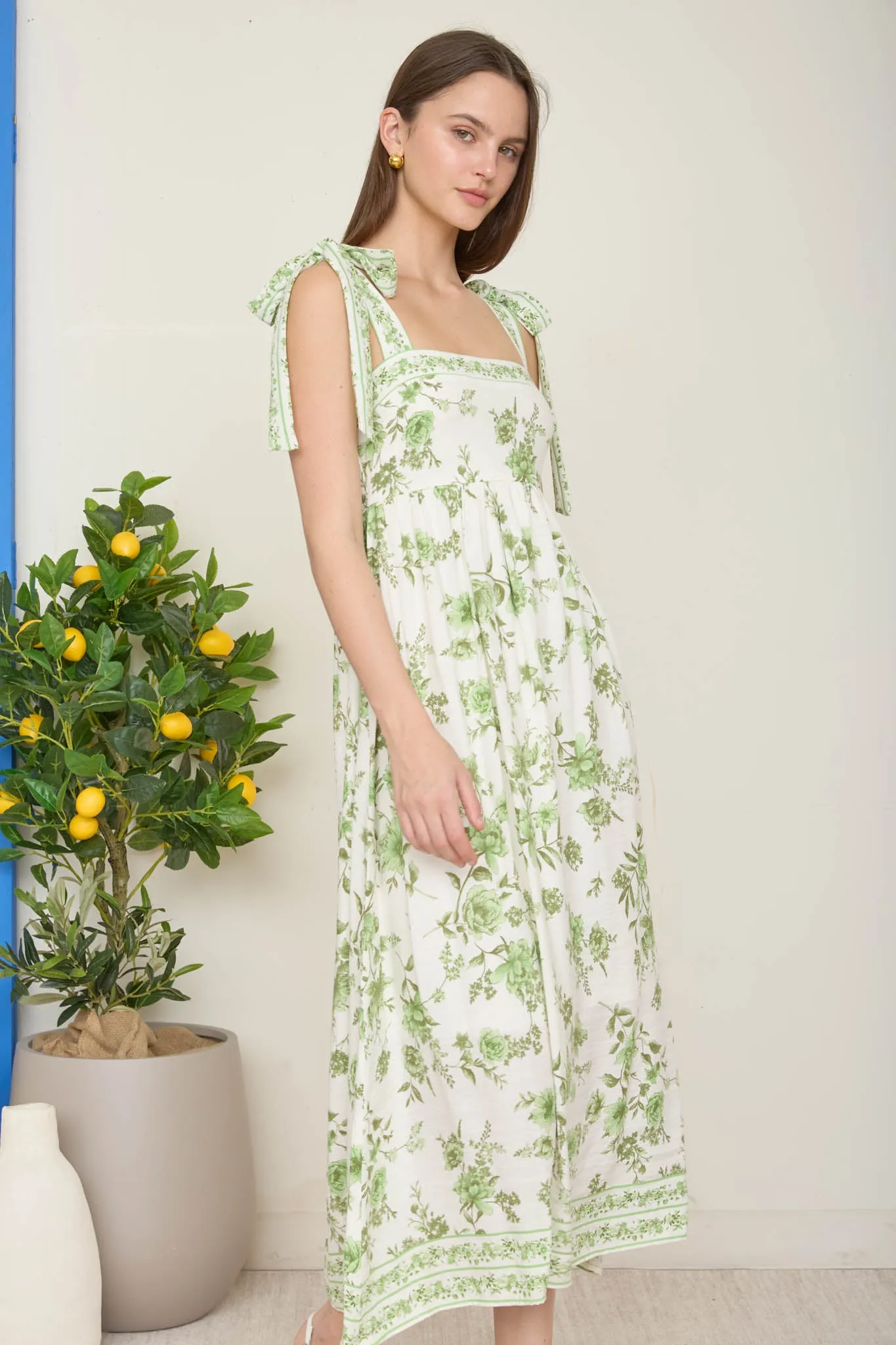 FLORAL BORDER EMPIRE WAIST TIE STRAP MIDI DRESS sold by Blu Pepper product image thumbnail 5