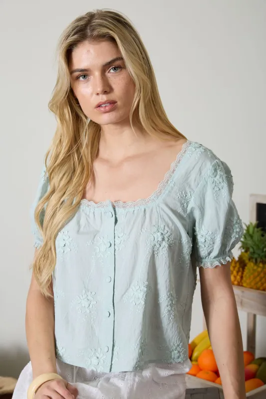 FLORAL EMBROIDERY LACE TRIM PUFF SLEEVE TOP made by mine